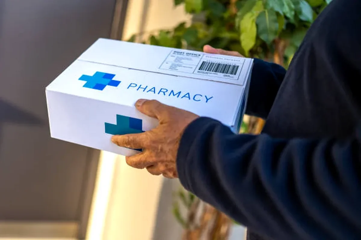 Pharmacy delivery box representing urgent prescription delivery and emergency pharmacy service searches
